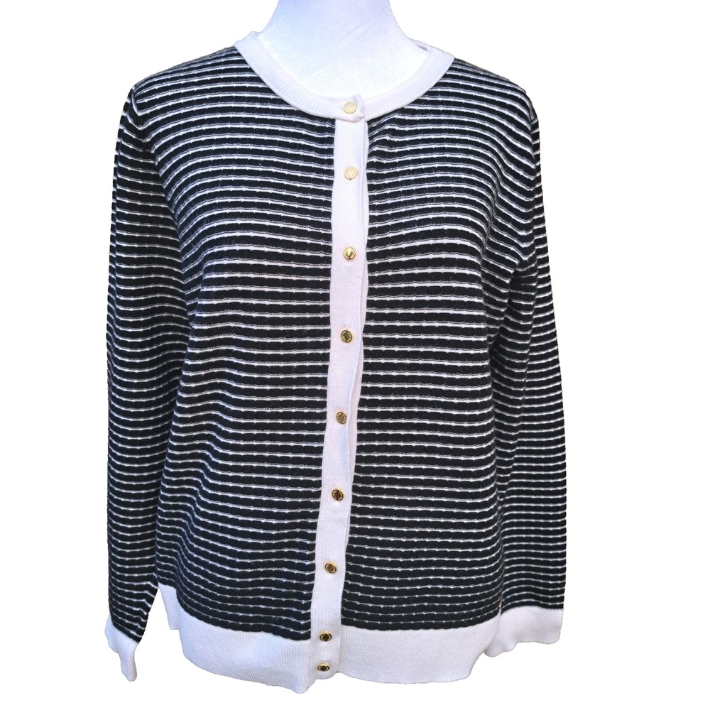 Calvin Klein Womens Cardigan Sweater Size L Black White Striped Gold Button Top